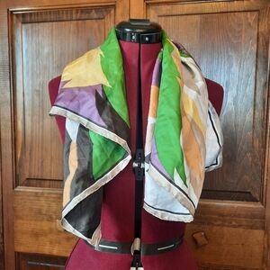 Vintage 100% Silk Hand Rolled Hem Mod Geometric Print Pattern Scarf